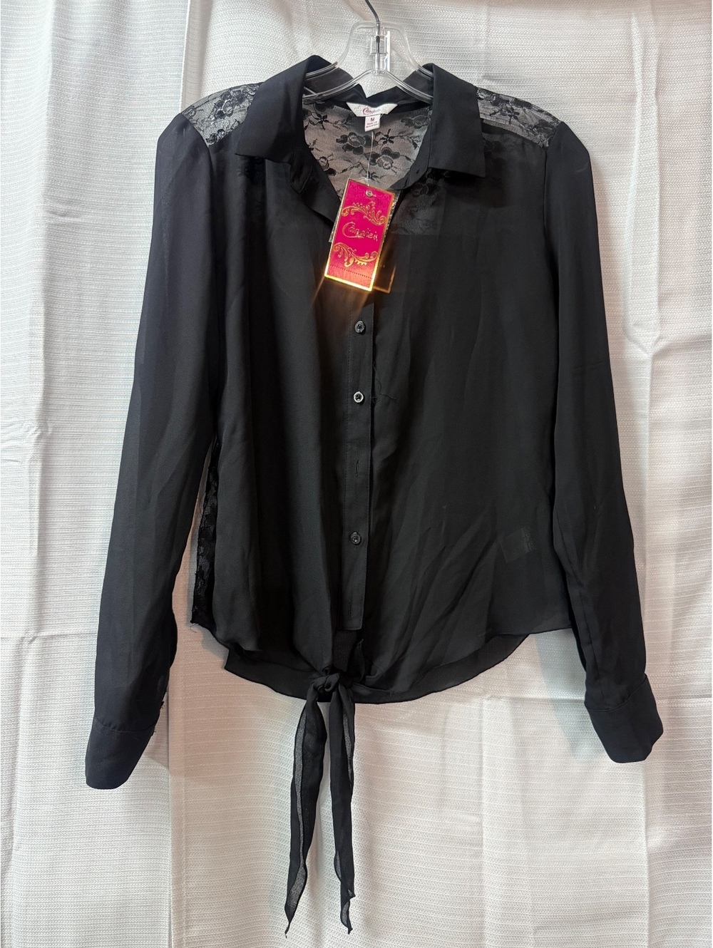 Candie's Black Lace Accent Button-Up Blouse with Tie Front, Size M